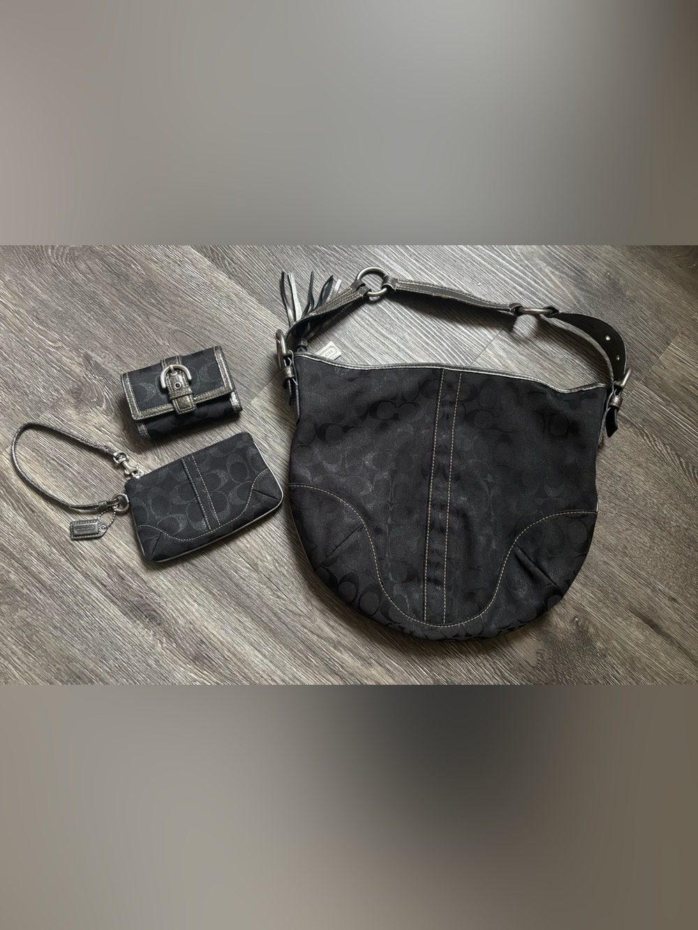Vintage Y2K Coach Signature Black Hobo Bag + Matching Wristlet & Wallet Set